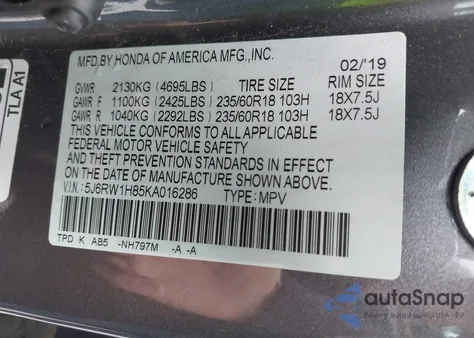 2019 Honda Cr-V Ex-L z USA, uszkodzony, nr VIN 5J6RW1H85KA016286
